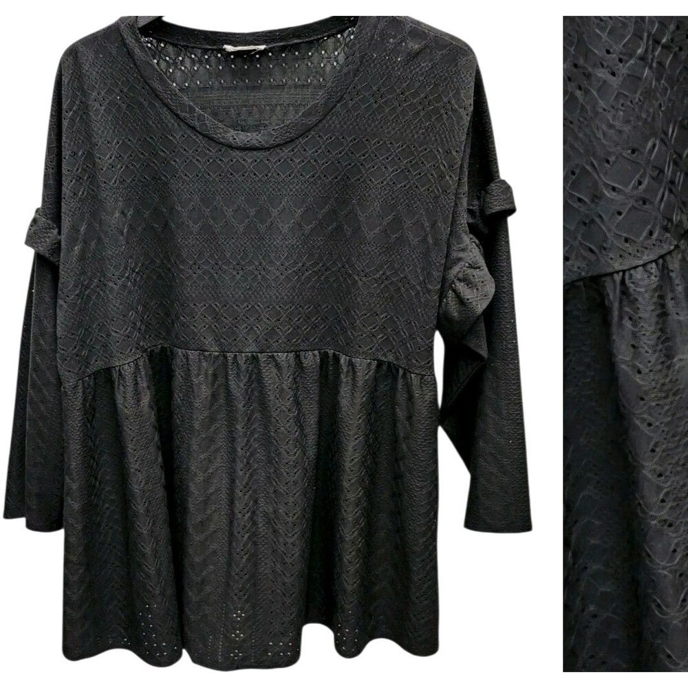 CHICSOUL Eyelet Babydoll Shirt Womens 3X Black 3/4 Sleeve Ruffle USA Cottagecore